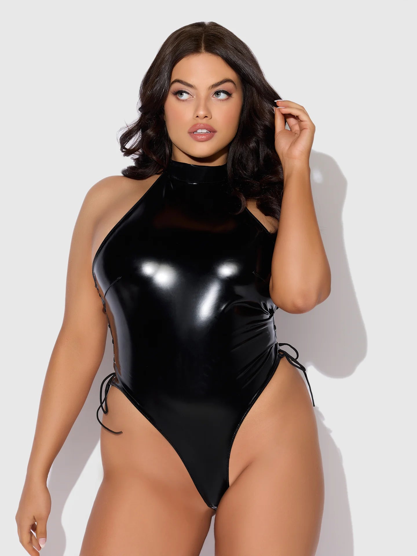 TRINITY PATENT LACE UP HALTER TEDDY