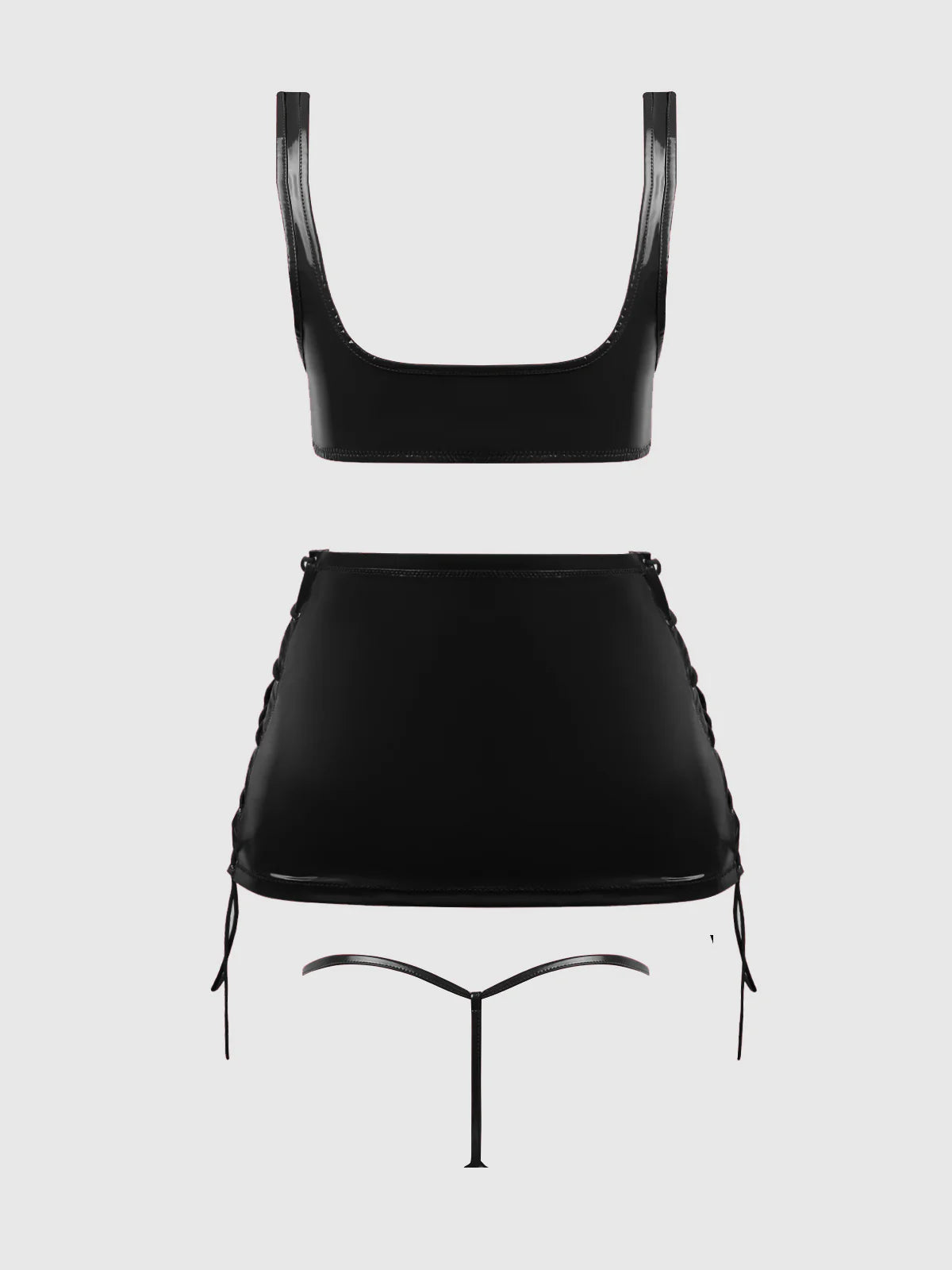 TRINITY PATENT LACE UP BRALETTE, SKIRT & G-STRING SET