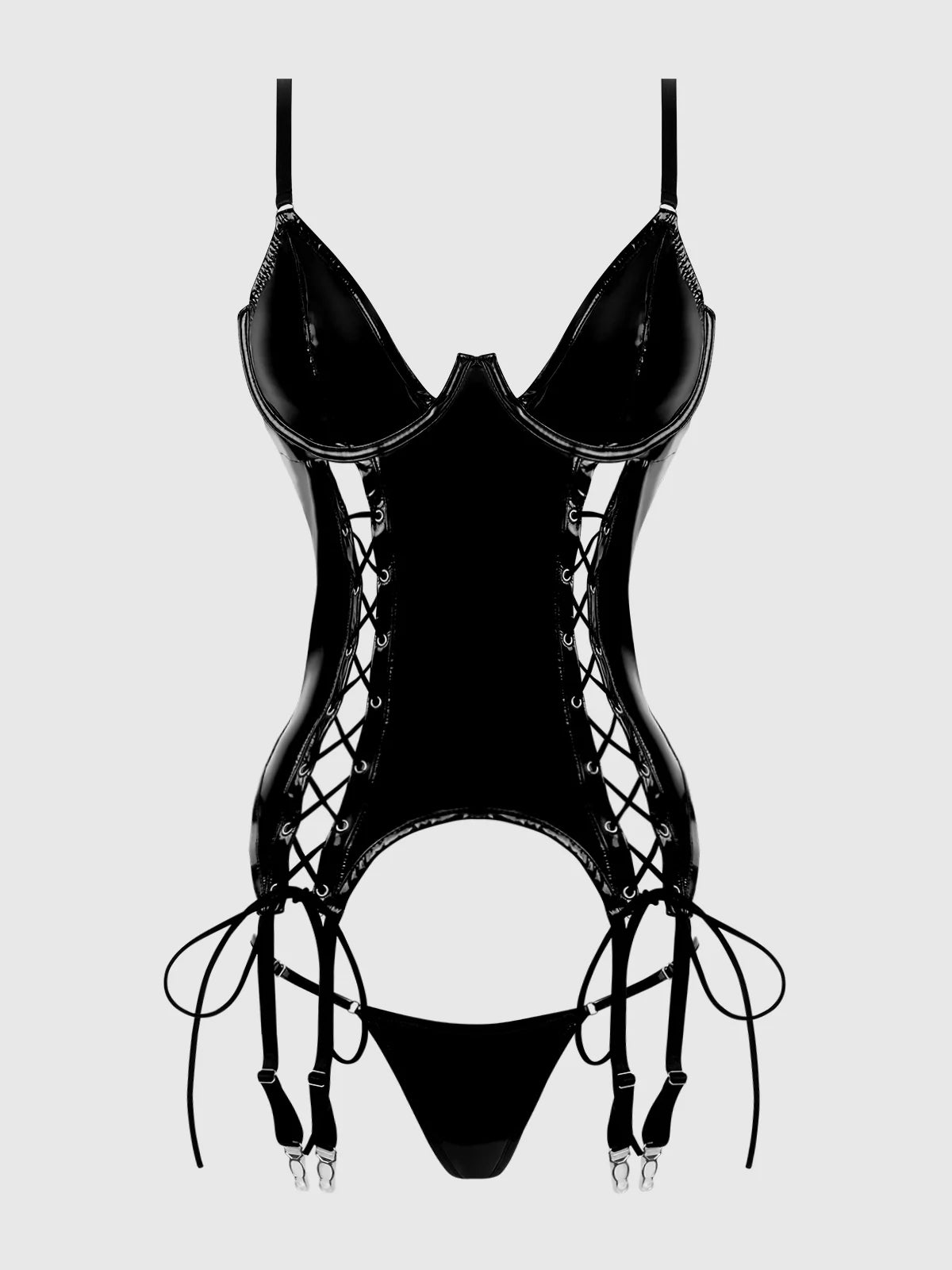 TRINITY PATENT LACE UP BUSTIER & G-STRING SET