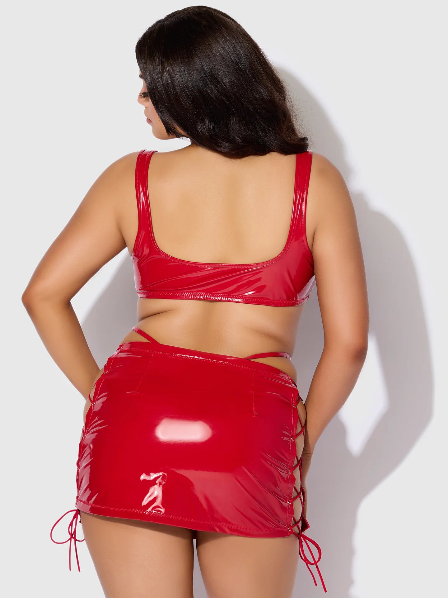 TRINITY PATENT LACE UP BRALETTE, SKIRT & G-STRING SET