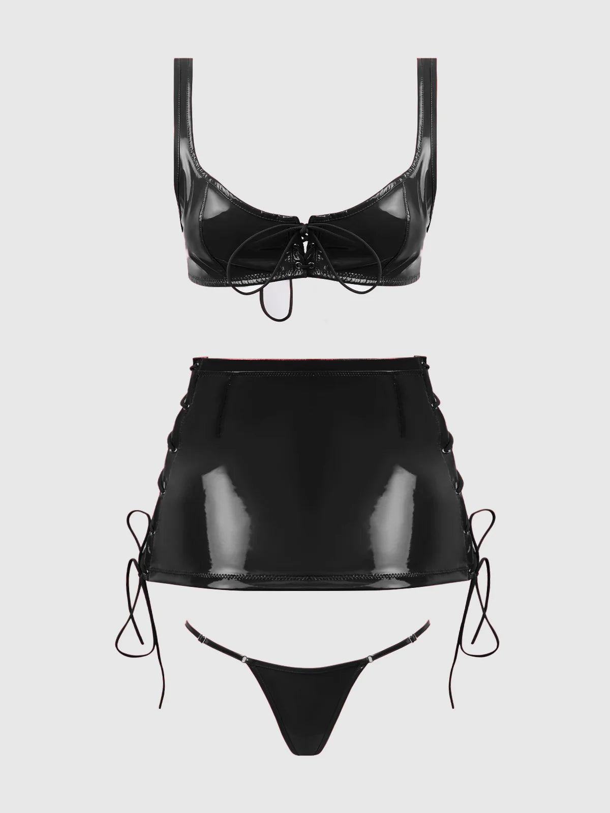 TRINITY PATENT LACE UP BRALETTE, SKIRT & G-STRING SET
