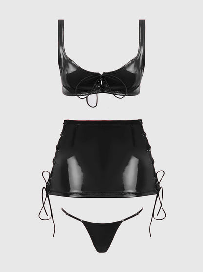 TRINITY PATENT LACE UP BRALETTE, SKIRT & G-STRING SET