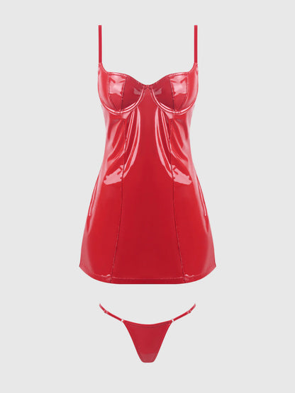 TRINITY PATENT CHEMISE & G-STRING SET