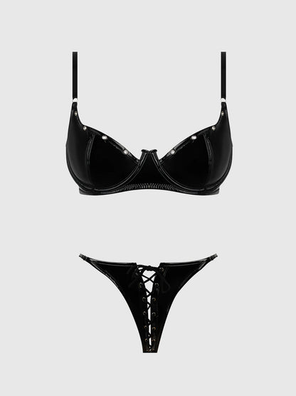 TRINITY PATENT BRA & LACE UP CROTCHLESS PANTY SET