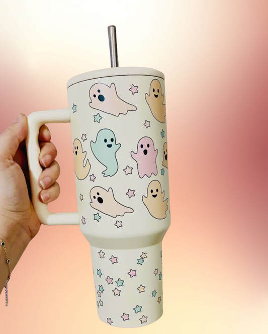 40oz Tumbler with Lid, Straw, and Pastel Ghosts