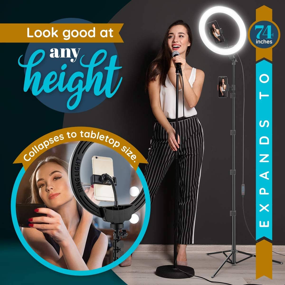 10" Ring Light Tripod with LEDs, Dual Phone Holders